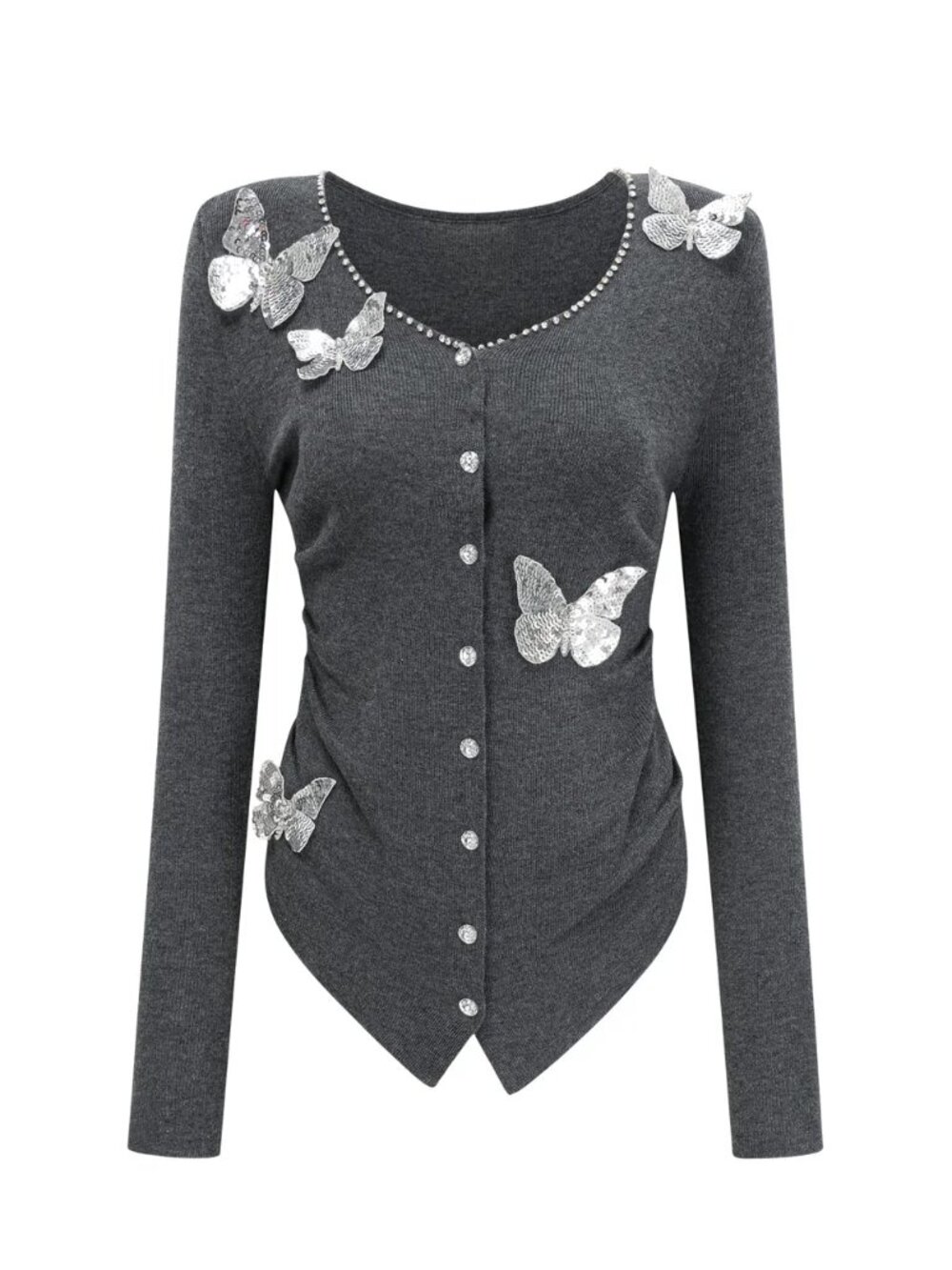 NWT Beulah Style 3D Butterfly Sequin Cardigan Grey Rhinestone M/L Org $133